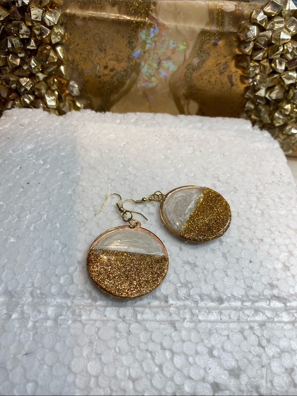 Handmade Gold Glitter and White Resin Circle Drop Earrings